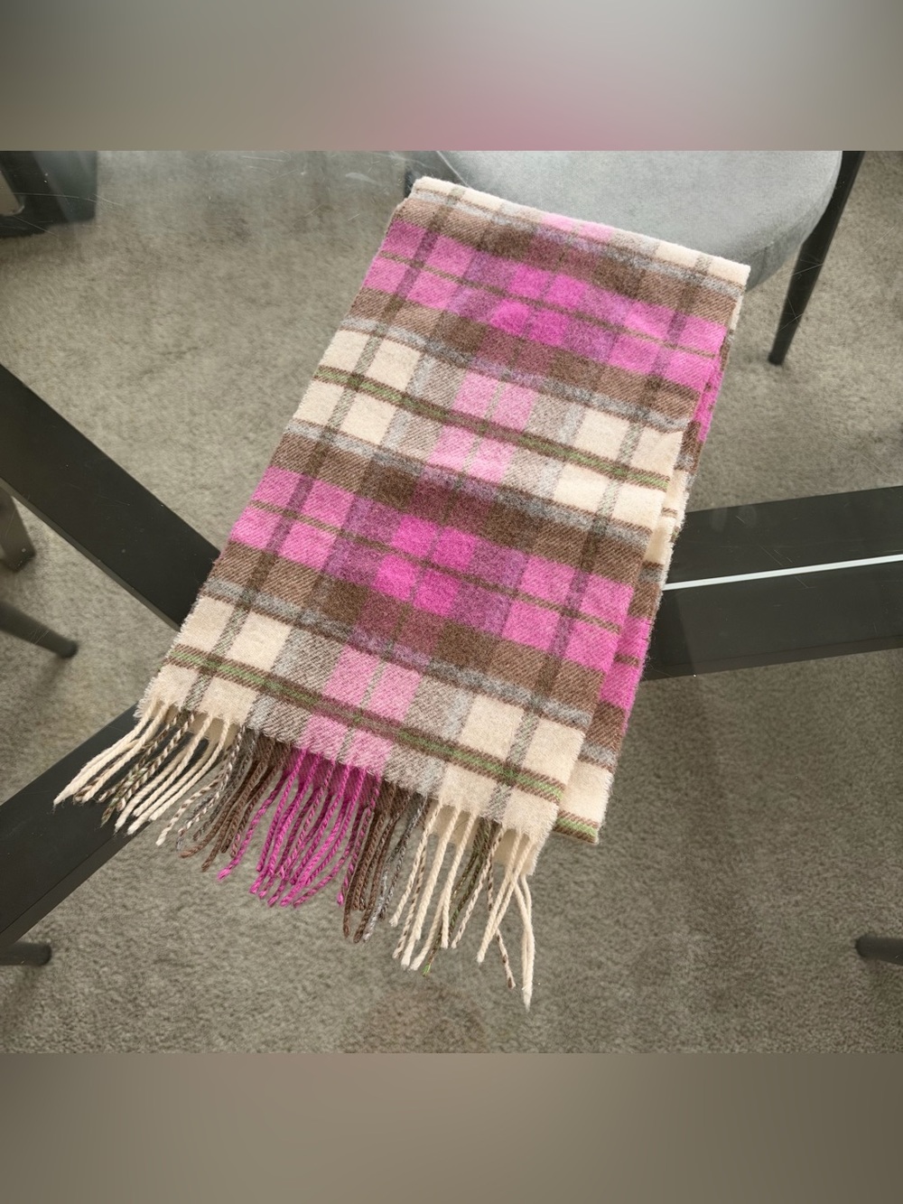 Johnstons of Elgin Lambswool Wool Scarf Plaid Pink Beige Brown Made in Scotland